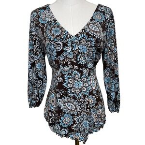 Vintage Cato Babydoll Floral Paisley Blouse M Blue Brown Asymmetrical Ruffle Y2K